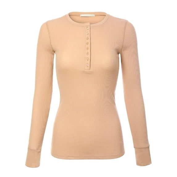 MixMatchy Women's Long Sleeve Eight Button Closure Henley Thermal Knit Top
