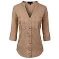 thumbnail image 1 of MixMatchy Women's Long Sleeve Solid Split Neck Tencel Button Down Shirt Blouse, 1 of 4