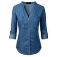 thumbnail image 1 of MixMatchy Women's Long Sleeve Solid Split Neck Tencel Button Down Shirt Blouse, 1 of 4