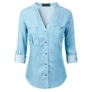 MixMatchy Women's Long Sleeve Solid Split Neck Tencel Button Down Shirt Blouse