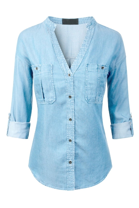 Women's Long Sleeve Solid Split Neck Tencel Button Down Shirt Blouse