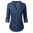 thumbnail image 1 of MixMatchy Women's Long Sleeve Solid Split Neck Tencel Button Down Shirt Blouse, 1 of 4
