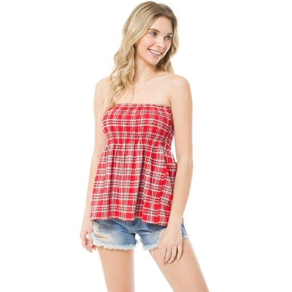 MixMatchy Women's Plaid Strapless Modal Smocked Tube Top