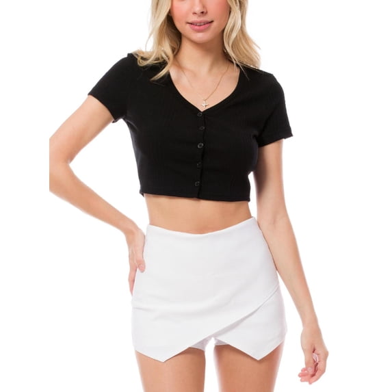 MixMatchy Women's Scoop Neck Button Down Ribbed Short Sleeve Crop Top & Cardigan