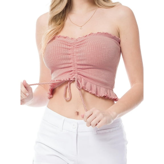 MixMatchy Women's Sexy Frill Knot Front Knit Strapless / Strap Tube Crop Top