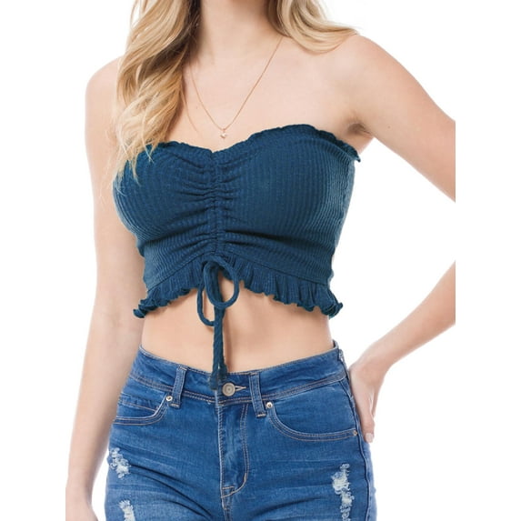 MixMatchy Women's Sexy Frill Knot Front Knit Strapless / Strap Tube Crop Top