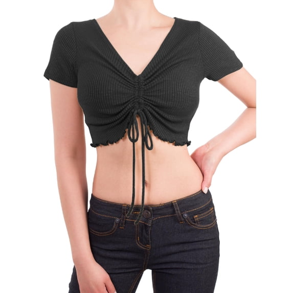 MixMatchy Women's Sexy Ruched Drawstring Front Short Sleeve V Neck Crop Tee Top