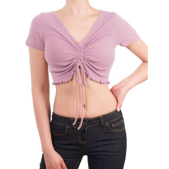 MixMatchy Women's Sexy Ruched Drawstring Front Short Sleeve V Neck Crop Tee Top