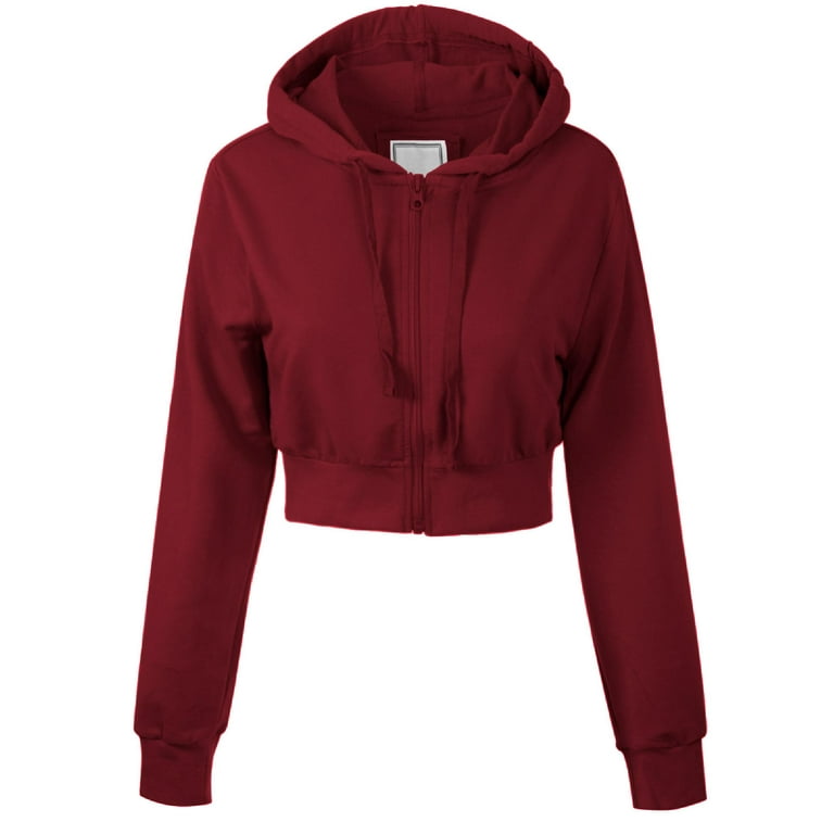 MixMatchy Women's Solid Casual French Terry Cropped Zip Up Hoodie