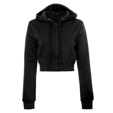 MixMatchy Women's Solid Fleece Long Sleeve Zip Up Crop Detail Hoodie Jacket