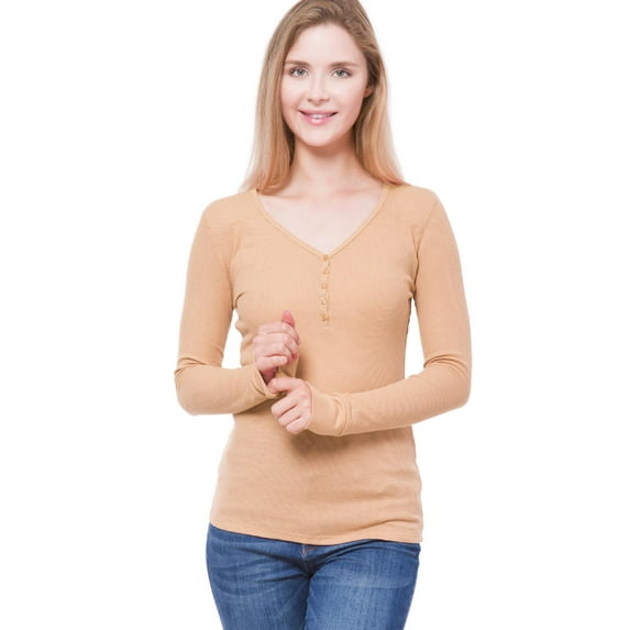 MixMatchy Women's Solid Long Sleeve V-Neck Half Button Down Thermal Knit Top