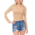 thumbnail image 1 of MixMatchy Women's Solid Ribbed Notched Neckline Long Sleeve Stretch T-Shirt Top, 1 of 6