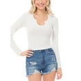 thumbnail image 1 of MixMatchy Women's Solid Ribbed Notched Neckline Long Sleeve Stretch T-Shirt Top, 1 of 6