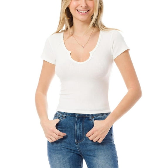 MixMatchy Women's Solid Ribbed Notched Neckline Stretch T-Shirt Top