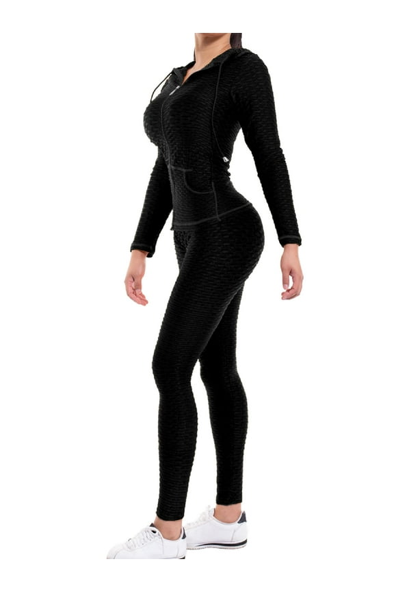 Women's Solid Scrunch Butt Active Leggings Zip Up Jacket Set Workout Yoga Outfit