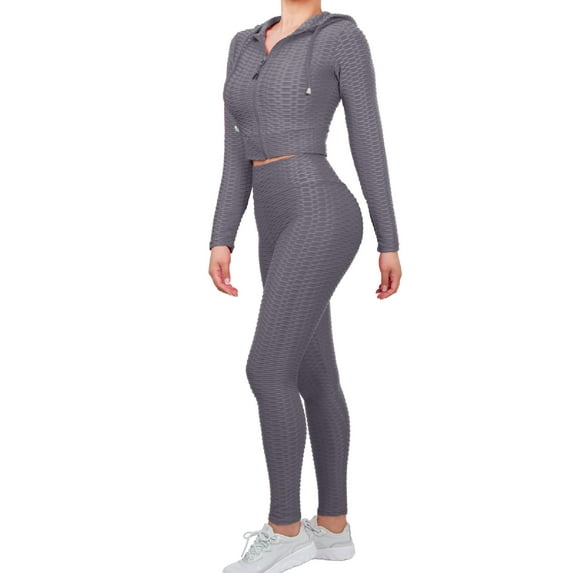 MixMatchy Women's Solid Scrunch Butt Lift Zip Up Crop Jacket Work Out Yoga Leggings Set Outfit