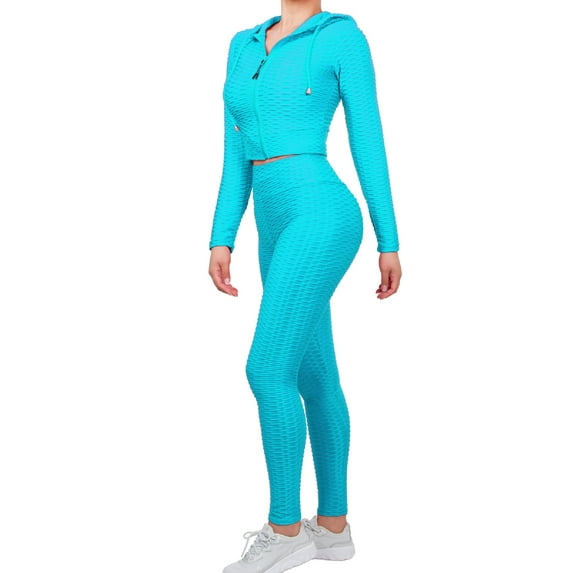 MixMatchy Women's Solid Scrunch Butt Lift Zip Up Crop Jacket Work Out Yoga Leggings Set Outfit