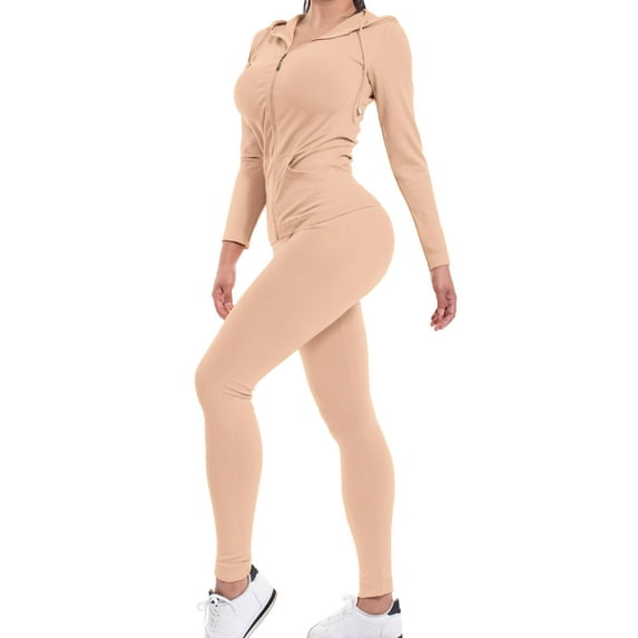 MixMatchy Women's Solid Zip Up Hooded Jacket & Leggings Set