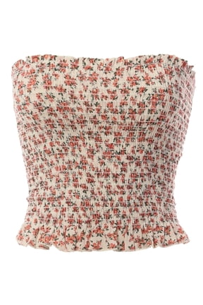 Women's Strapless Ruffled Edge Printed Smocking Crop Top