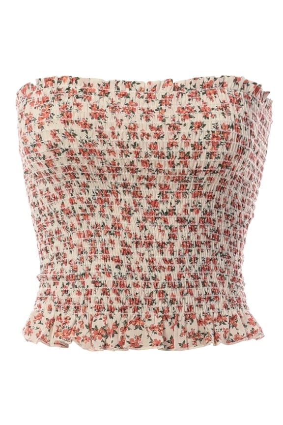 Women's Strapless Ruffled Edge Printed Smocking Crop Top
