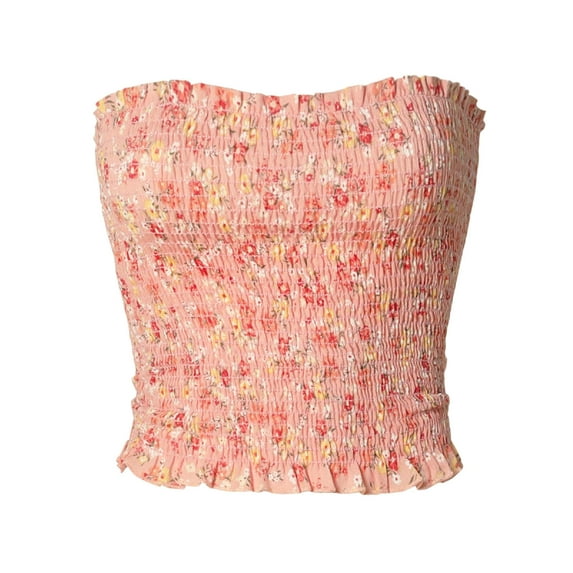 MixMatchy Women's Strapless Ruffled Edge Printed Smocking Crop Top