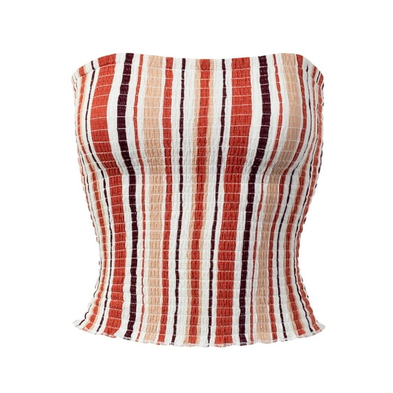 MixMatchy Women's Strapless Ruffled Edge Stripe Printed Smocking Crop Top