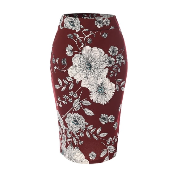 MixMatchy Women's Stretch Knee Length Midi Bodycon Flower Print Pencil Skirt