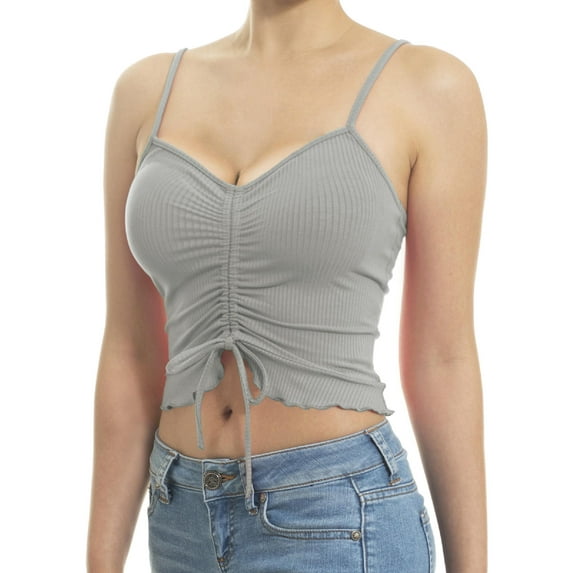 MixMatchy Women's Tunnel Drawstring Front Tie Ribbed Strap Ruffle Hemmed Cropped Length Cami Top