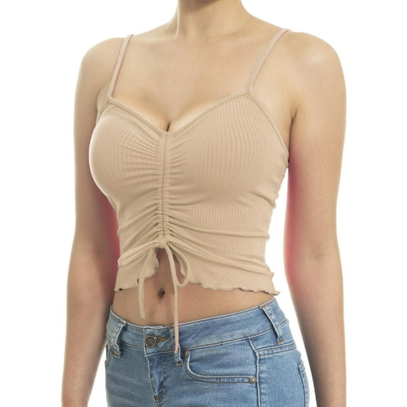 MixMatchy Women's Tunnel Drawstring Front Tie Ribbed Strap Ruffle Hemmed Cropped Length Cami Top