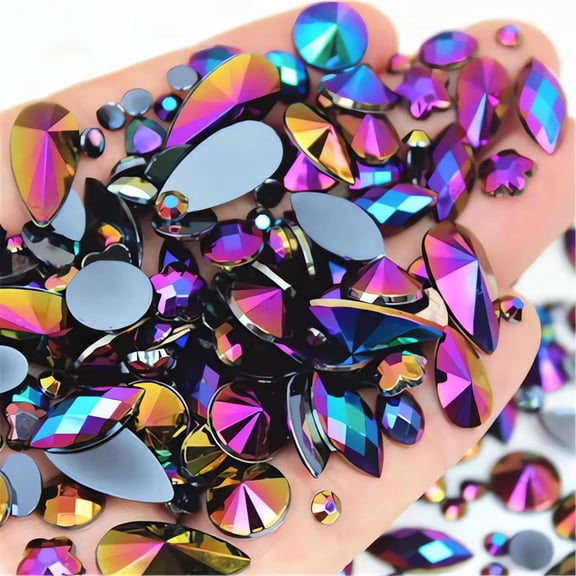 Mixed 1440pcs 3mm-10mm Crystal Gems AB Colorful Rhinestones for Crafting, Flatback Gemstones for Nail Art Crafts, Face Eye Art Acrylic Gem Jewels, Halloween Cosplay DIY Decorations (Black AB)