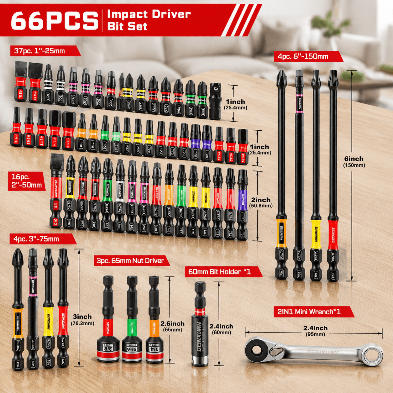 Mixed-66Pcs S2 Steel Impact Power Bit Set with Holder and Mini Wrench ...