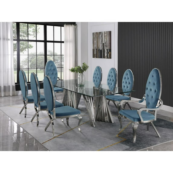 Mixed 7pc Dining Set with Teal Velvet Side Chairs and Arm Chairs