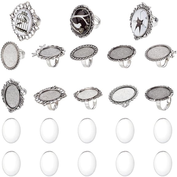 Mixed Adjustable Ring Blanks Cabochon Rings Making Kit Finger Ring Settings Clear Glass Cabochons Oval Round
