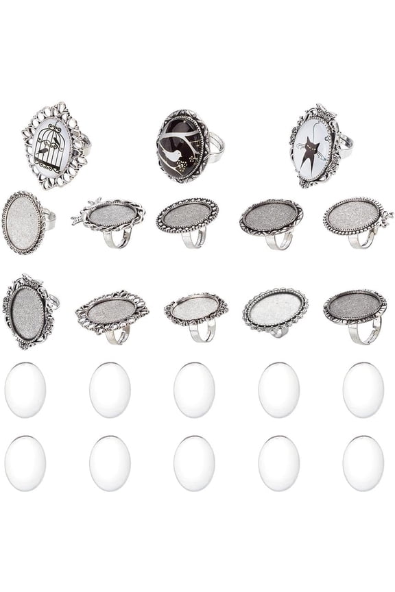 Mixed Adjustable Ring Blanks Cabochon Rings Making Kit Finger Ring Settings Clear Glass Cabochons Oval Round