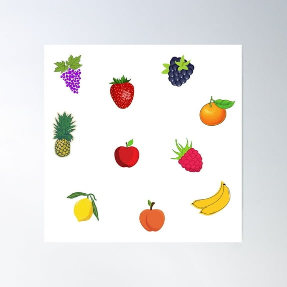 Mixed Assorted Fruit Variety. Grapes, Pineapple, Orange, Apple, Bananas, Lemon, Peach, Raspberry, Blackberry, Strawberry Poster Wall Art, Modern Wall Decor For Living Room Bedroom, 30x30 UNFRAMED
