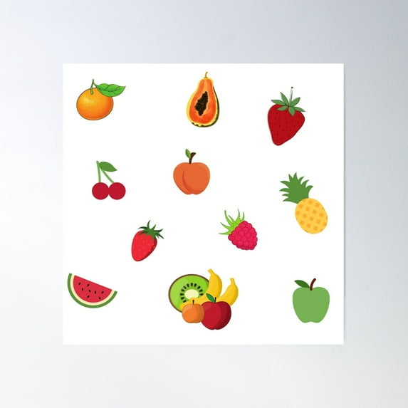Mixed Assorted Fruit Variety. Pineapple, Orange, Apple, Bananas, Lemon, Peach, Raspberry, Strawberry Poster Wall Art, Modern Wall Decor For Living Room Bedroom, 24x24 UNFRAMED