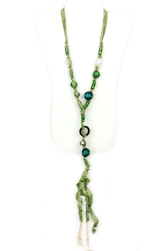 Mixed Beads Necklace W/ Ribbon String - NE-247GN