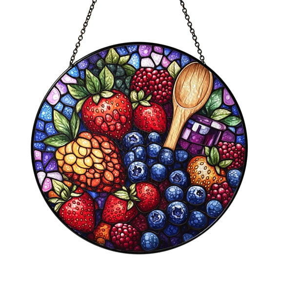 Mixed Berry and Jam Jar Stained Glass Style Suncatcher Window Hanging, Strawberry Blueberry Raspberry Sun Catcher Ornament, Rustic Kitchen Window Art Decor, Decorative Fruit Theme Window Hanging