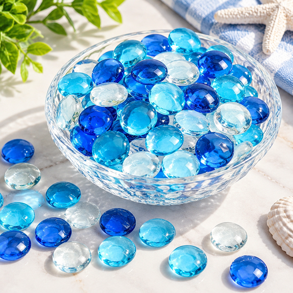 Mixed Blue Glass Beads, Flat Marbles for Vase Fillers