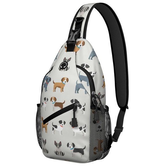 Mixed Breed Dog Beige Pattern Sling Backpack, Unisex Hiking Chest Pack with Side Mesh Pockets, Earphone Hole Port Gift Ideas for Hiking Cycling Walking