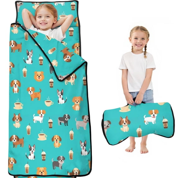 Mixed Breed Dog and Coffee Blue Teens Toddler Nap Mat with Pillow, Sleeping Mat Bag for Preschool Daycare 59"x22"