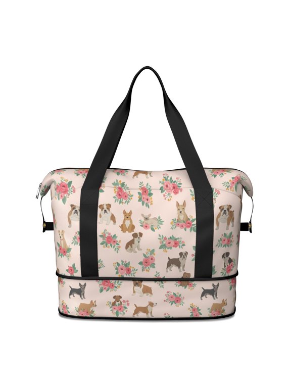 Mixed Breed Dog and Floral Expandable Travel Tote Bag, Work Shopping Tote with Dry Wet Pockets, Expandable Bottom Gift Ideas for Work Shopping Travel