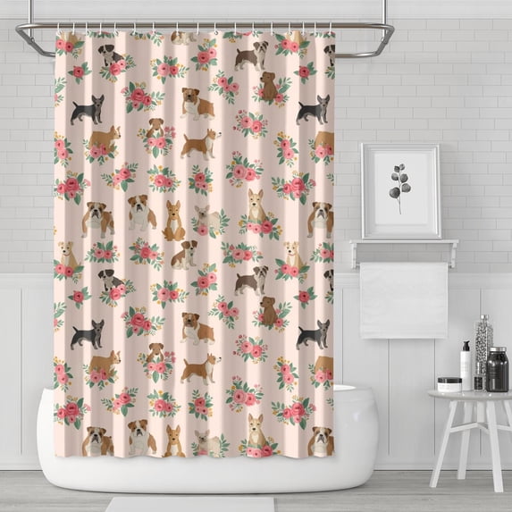 Mixed Breed Dog and Floral Modern Waterproof Shower Curtain Set with 12 Hooks, Washable Decorative Bathroom Shower Curtain