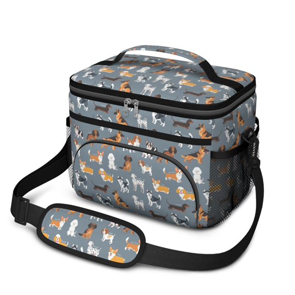 Mixed Breed Dogs Grey Pattern Insulated Lunch Box for Women Men, Medium Leakproof Cooler Bag with Adjustable Strap, 10"x6.7"x8"