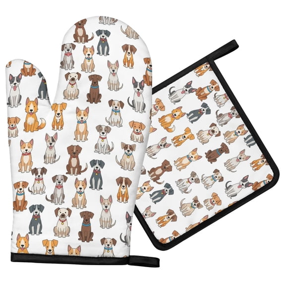 Witite Pattern Mixed Breed Dogs White Pattern Oven Mitt Pot Holder Set, Polyester BBQ ...