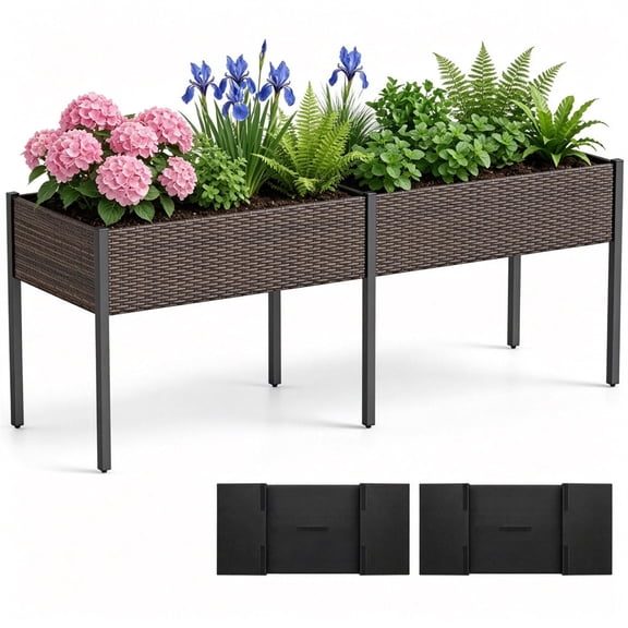 Mixed Brown 2-Section PE Rattan Elevated Raised Garden Bed 29 Inch Ergonomic Planter Box with Detachable Fabric Liner Total 352 LBS Capacity for Patio Backyard Herbs Vegetables