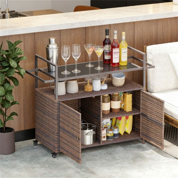 Mixed Brown Black Outdoor Rattan Bar Cart, PE Wicker Steel Frame Bar Table with Storage Cabinet & Brake Wheels CY