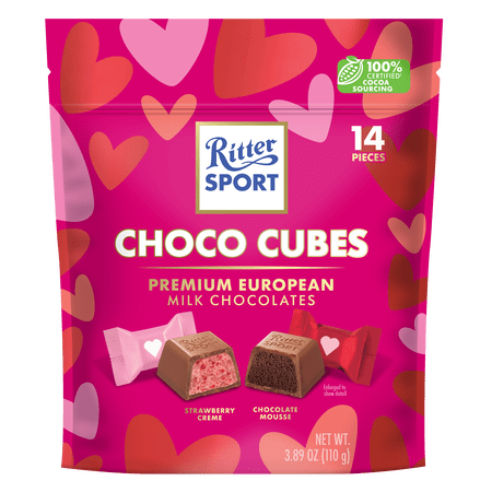 Ritter Sport Valentine's Day Milk Chocolate Choco Cubes, 14 pieces, Two Flavors, Premium German Chocolates, 3.89oz