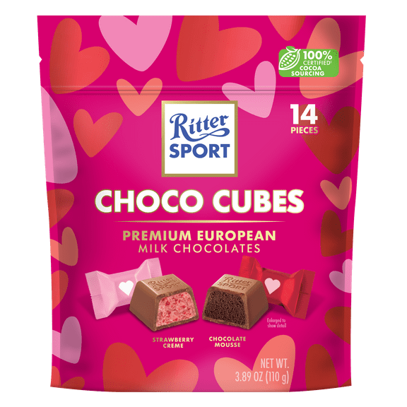 Ritter Sport Valentine's Day Milk Chocolate Choco Cubes, 14 pieces, Two Flavors, Premium German Chocolates, 3.89oz