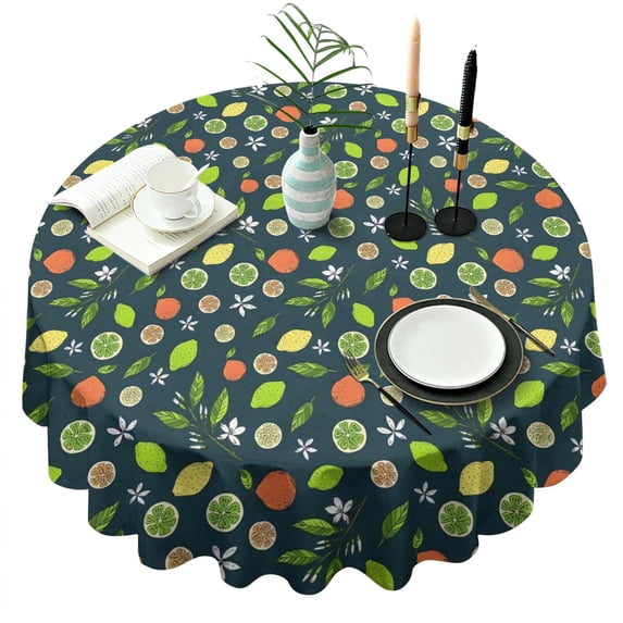 Mixed Citrus Fruit Leaves DarkGreen Pattern Round Tablecloth 60"x60",Wrinkle Wipeable Table Cloth for Kitchen Dining Room Picnic Patio Party